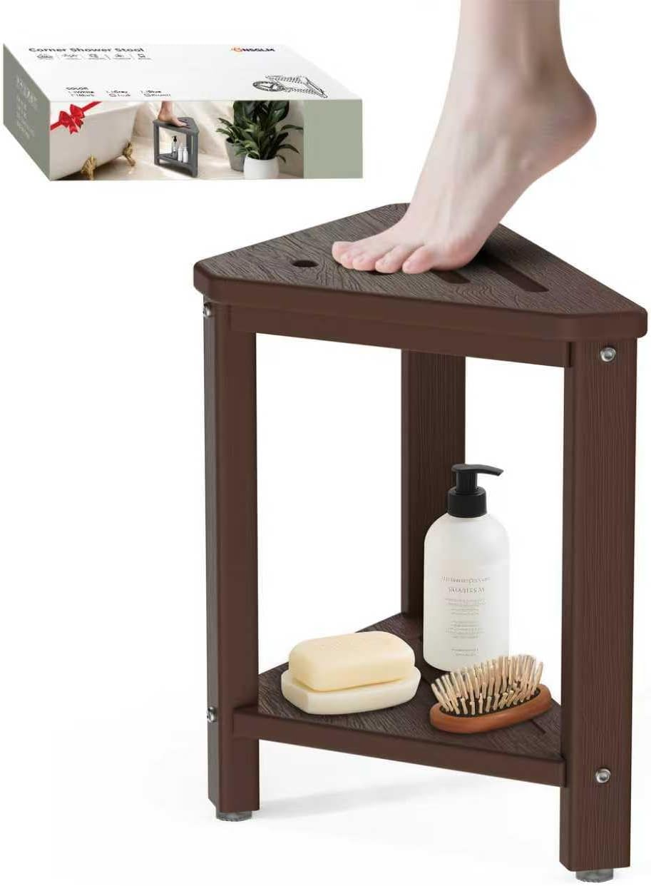Skiennix Shower Foot Rest - 15-Inch Waterproof Shower Stool with Storage Shelf | Brown Corner Bench