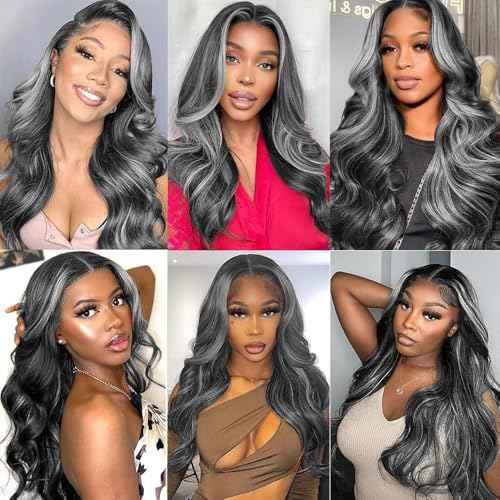 P1BGrey Bundles Highlight Body Wave Human Hair Bundles Ombre Gray Bundles 3 Bundles 18 18 18 Inch Two Tone Black Mixed With Foxy Silver Bundles Hair Weave