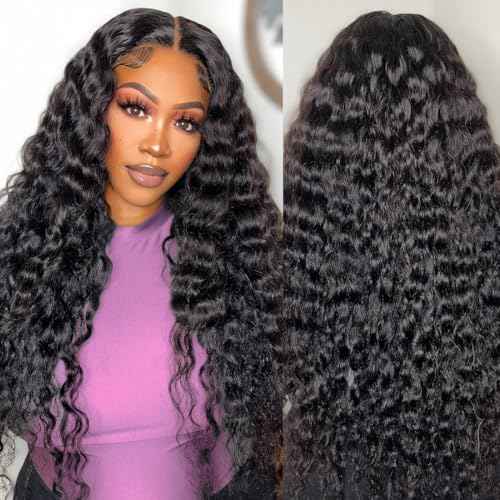22 Inch 13¡¿6 HD Lace Front Wigs Human Hair Water Wave 200 Density Lace Frontal Wigs Pre Plucked Deep Curly Human Hair Wig for Women Natural Black