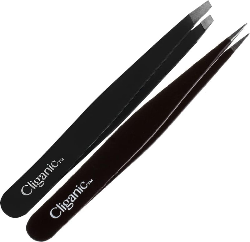 Cliganic Eyebrow Tweezers Set: Slant & Point Precision Tip | For an Easy Hair Removal, Stainless Steel, For Men & Women