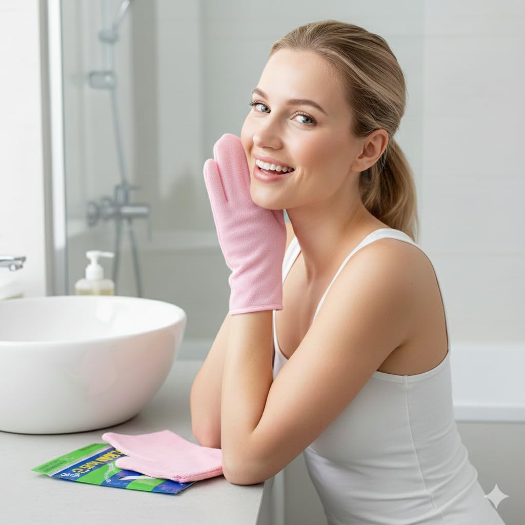 Korean Exfoliating Bath Mitt, Natural Cotton Body Scrubbing Glove with Birch Extract, Shower Wash Mitt for Full Body Cleansing, Easy Grip Bath Scrubber for Men & Women