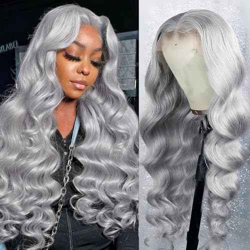 13x6 Grey Lace Front Wigs Human Hair Pre Plucked with Baby Hair 180 Density Glueless HD Transparent Lace Frontal Body Wave Wigs Human Hair for Black Women Silver Grey Colored Wig 22 Inch