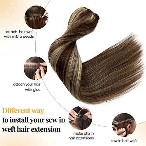 Sew in Weft Hair Extensions Blonde Highlight Human Hair Hand Tied Weft Hair Extensions 20 Inch 100Grams #4/613 Brown Balayage Blonde Double Weft Full Ends Sew in Bundles Hand Tied Weft Hair Extensions