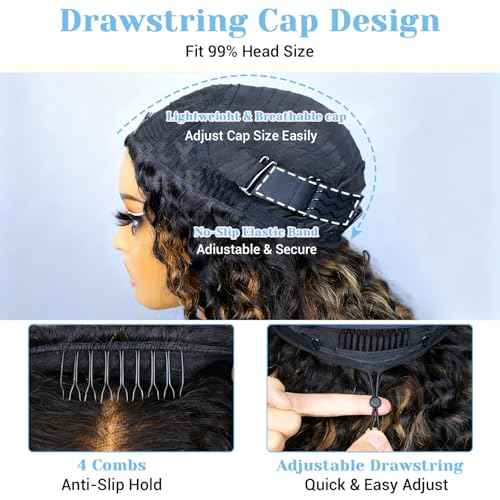 4/27 Kinky Curly Half Wig Human Hair 200 Density 3 In 1 Seamless Flip Over Glueless Wigs Human Hair Wear and Go Curly Wig Human Hair Drawstring Headband Wig for Women 22 Inch