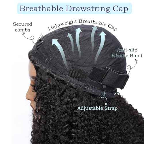 Half Wig Human Hair Kinky Curly Flip Over Wig 230% Density with Drawstring Seamless Clips Glueless Natural Black Ready to Wear Wigs for Women 16 Inch