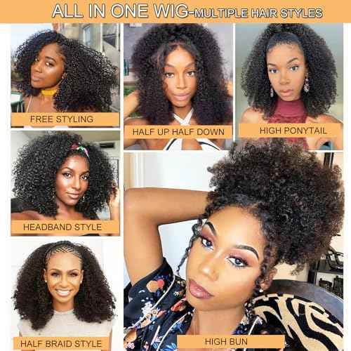 Glueless Wigs Human Hair Upgrade 3 IN 1 Half Wig With Drawstring Seamless Clip Ins Flip Over Kinky Curly Human Hair No Glue No Lace Wig For Women 200% Density 22 Inch