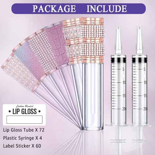 AMORIX 72pcs 5ml Diamond Lip Gloss Tubes With Wand - Empty Rhinestone Containers, Crystal Bottles, Supplies Kit - 4 Syringes + Labels for DIY Base