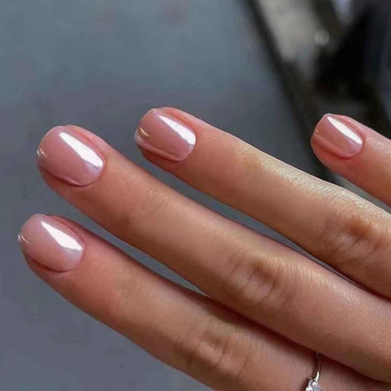Nude Press-On Nails | Chrome Square Glossy Short Fake Nails for Women - 24 Pcs Set