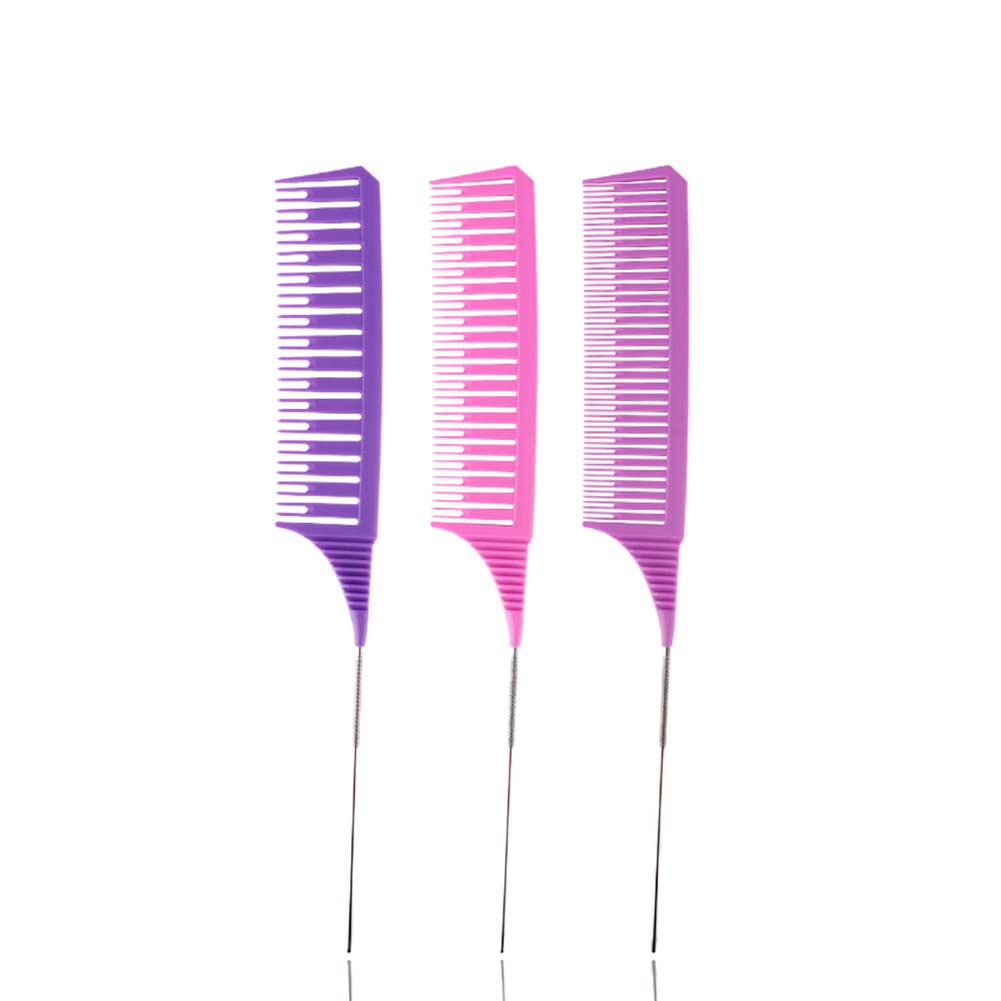 SKYPIA 3 Piece Professional Dyeing Hair Comb Set, Highlight Combs for Hair Stylist Weaving Styling Brush Set with Long Stainless Steel Rat Tail Stylist Combs, Purple & Pink