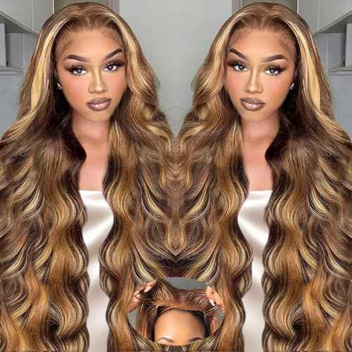 Honey Blonde Ombre Wig Human Hair 30inch Ombre Lace Front Wig Human Hair Loose Body Wave 9x6 Glueless Wigs Human Hair Pre Plucked Pre Cut 4/27 Lace Front Wig 220% Density