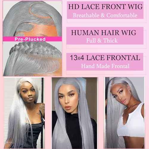 Grey Lace Front Wig 13x6 Silver Grey Wig Human Hair Pre Plucked Straight Lace Front Wigs Human Hair 24 Inch Glueless HD Lace Wig Colored