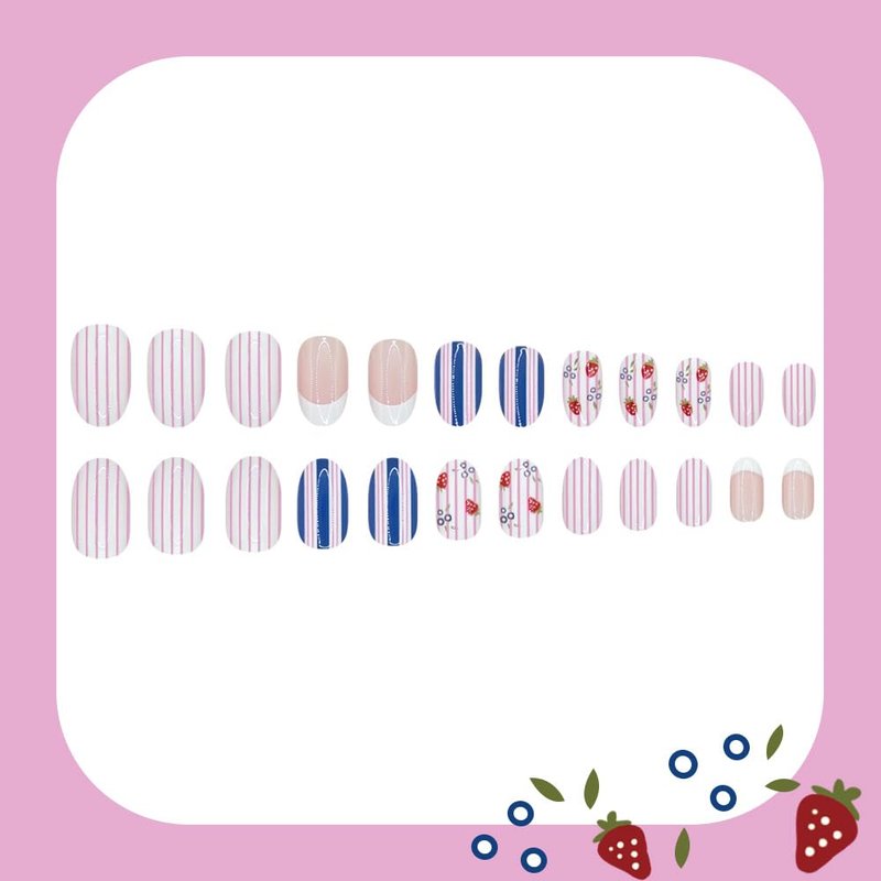 Blueberry Medium Oval Press-On Nails - Summer White French Tip with Striped Designs | 24 Pcs Reusable Full Cover Set