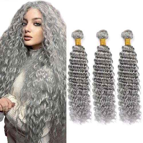 Grey Bundles Deep Wave Bundles Human Hair 24 26 28 Inch Unprocessed Brazilian Virgin Weave Hairs Gray 3 Bundle 50 Gram Per Bundle Human Hair Extensions