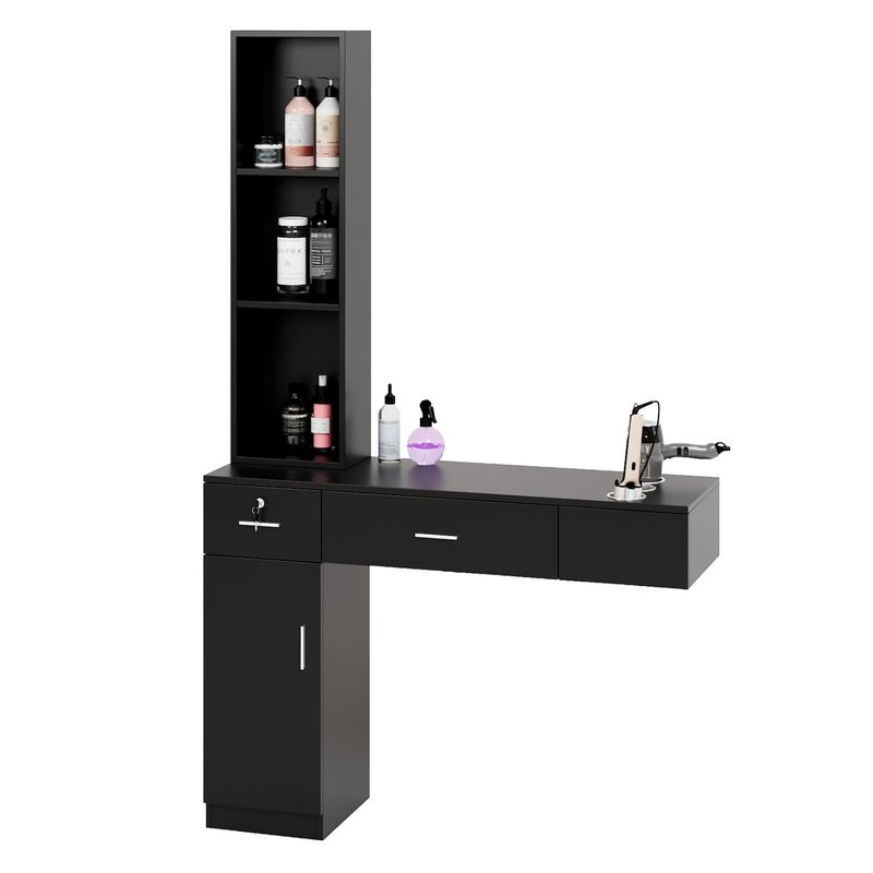 OmySalon Wall Mount Barber Station - Stylish Hair Styling Equipment with Storage Cabinet, 2 Drawers & 3-Tier Shelf (Black)