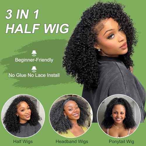 Kinky Curly Half Wig Human Hair 200 Density 3 In 1 Seamless Flip Over Drawstring Headband Wig Human Hair 22 Inch Wear and Go Glueless Wigs for Women Curly Half Human Hair Wig Beginner Friendly
