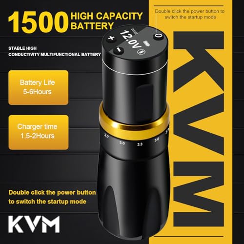 KVM Tattoo Gun Kit,Wireless Tattoo Machine,7 Adjustable Stroke Options,Shorter Body Design,1500mAh Power Supply (Tattoo ink is for tattoo practice only)