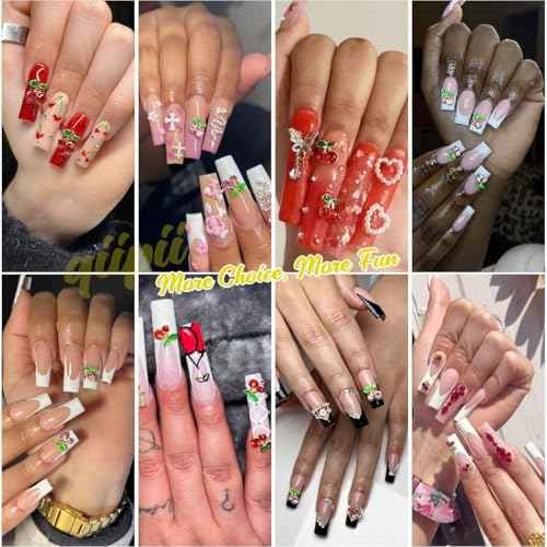 2 Sheets Cherry Nail Stickers +40 Pcs Cute Red & Pink Cherry Golden Alloy Charms + 2 Sizes Red Small Rhinestones Gems 3D Fruit Y2K Nail Art Decals DIY Design for Nails Face Eyes Makeup Crafts