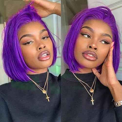 Purple Short Straight Gluess Bob Wig Human Hair Pre Plucked Pre Cut 5x5 HD Transparent Lace Front Wigs Human Hair 180% Density Straight Lace Closure Wigs Purple Short Bob 8 Inch