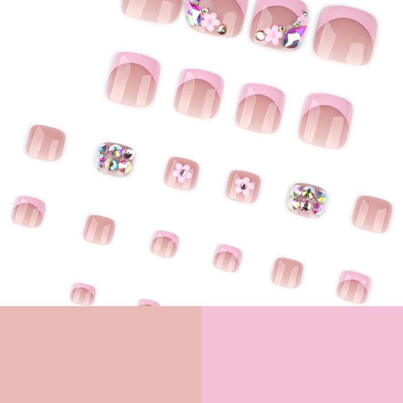 Press-On Toenails - Pink French Tip Floral Design with Rhinestones | Short Square Full Cover for Women