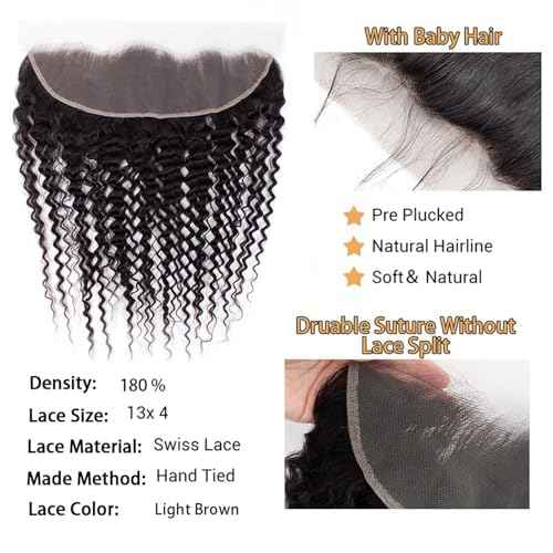 13x4 Lace Frontal Closure Deep Wave Human Hair Ear to Ear HD Lace Frontal Closure Free Part Brazilian Deep Curly Hair Extensions 180% Density Human Hair Pre Plucked with Baby Hair (22 Inch)