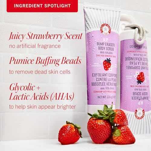 First Aid Beauty - KP Bump Eraser Body Scrub with 10% AHA, Keratosis Pilaris Exfoliator with Glycolic and Lactic acids, Helps Reduce Chicken Skin Bumps, Safe for Sensitive Skin, Strawberry Scent, 8 oz