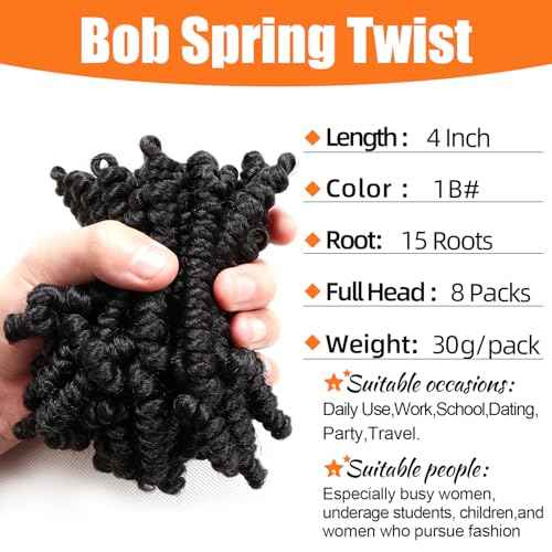 8 Packs Short Spring Twist Crochet Hair 4Inch Pretwisted Passion Twist Crochet Hair Curly Pre Looped Crochet Braids Hair Bomb Twist Kids Crochet Hair for Black Women (4 Inch, 1B#)