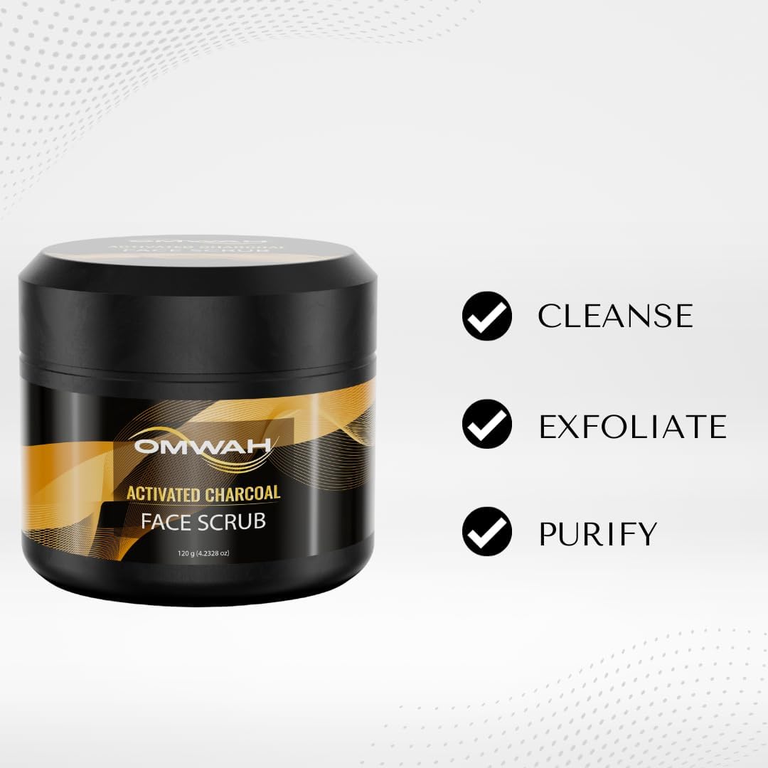 OMWAH Activated Charcoal Face Scrub - Microdermabrasion Mens Exfoliating Face Wash (4.23oz)