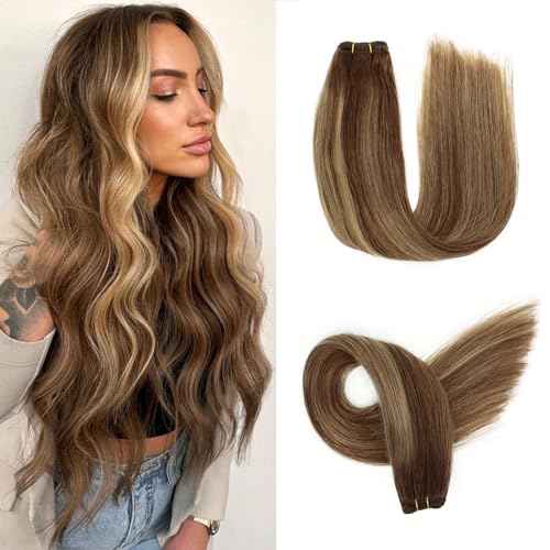 Sew in Hair Extensions Real Human Hair, 110g 24 inch Ombre Color 4/27/4 Balayage Chocolate Brown to Caramel Blonde Double Weft Weave Bundles Remy Human Hair Extensions Straight
