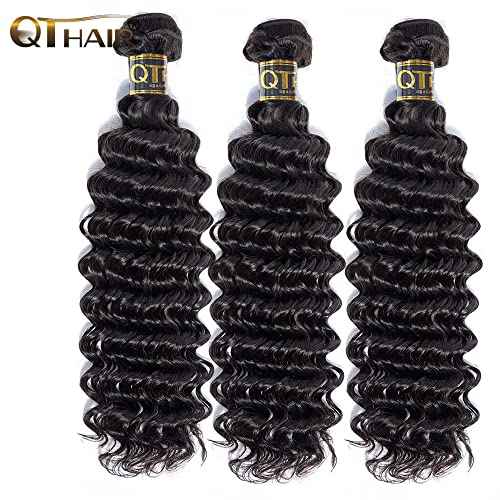 QTHAIR Brazilian Deep Wave Human Hair Bundles 16A Grade Brazilian Virgin Human Hair 10 1214 Inch 100% Virgin Unprocessed Deep Wave Bundles 300g Total Natural Black #1B