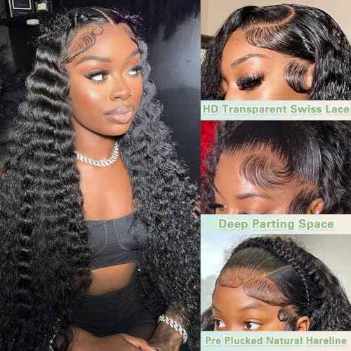 26 Inch Deep Wave Lace Front Wigs Human Hair, 13x4 HD Curly Lace Front Human Hair Wet Wavy Waterwave Glueless Frontal Deep Wave Wig for Women, Pre Plucked, 180 Density, Average Cap, Tangle Free