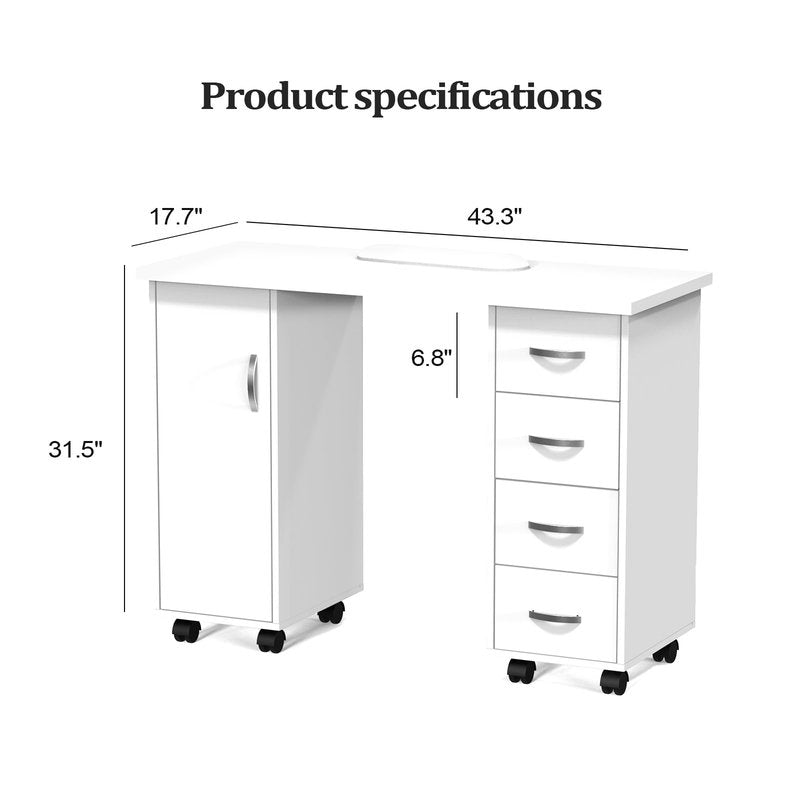 OmySalon Manicure Table Nail Desk w/Cabinet, Drawers, Wheels & Wrist Rest, Spa Salon Beauty Home Wooden Technician Workstation Nail Art Equipment for Nail Tech, White