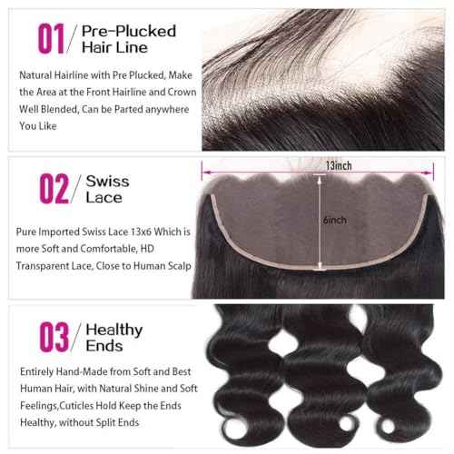 MSGEM 13x6 Lace Frontal Body Wave HD Transparent Frontal Ear to Ear 13x6 Lace Frontal Closure With Baby Hair Free Part 100% Virgin Human Hair Closure Natural Hairline 150% Density 18inch