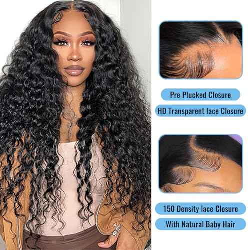 5x5 HD Lace Deep Wave Transparent Lace Closure 12A Brazilian Virgin Human Hair Closure Free Part Pre Plucked with Baby Hair Natural Black 20 Inch