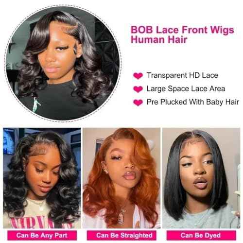 Caijuxing 16 Inch Bob Wig Human Hair 13x6 HD Lace Frontal Wig 220% Density Body Wave Lace Front Wigs Human Hair Pre Plucked Bob Wigs for Women Natural Black