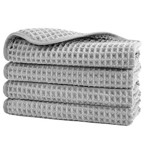 POLYTE Microfiber Lint Free Washcloth Face Towel, 13 x 13 in, 4 Pack (Waffle Weave)
