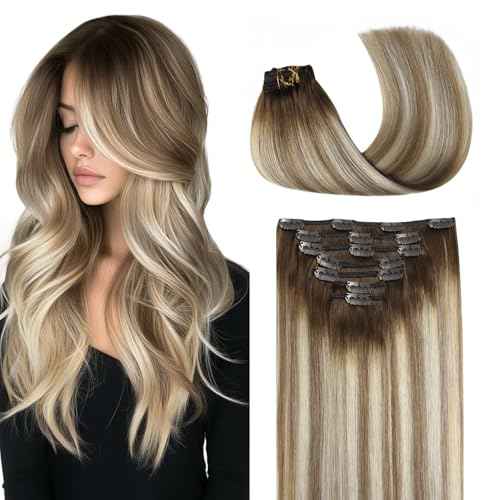 COOKAYU Clip in Hair Extensions Real Human Hair, 14inch 120g 7Pcs 3/8/22 Walnut Brown to Ash Brown and Blonde Hair Extensions Clip in Human Hair Thick Silky Straight Extensions