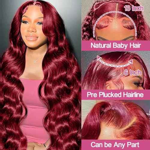 99J Burgundy Lace Front Wigs Human Hair 13x6 HD Transparent Body Wave Lace Front Wigs Pre Plucked 99j Burgundy Red Wine Glueless Human Hair Wigs for Women Reddish Brown 180% Density 30 Inch