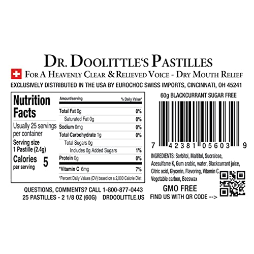 Dr. Doolittle¡¯s Sugar Free Soft Fruit Pastilles for Voice and Throat, Blackcurrant Flavor, 2.12 Ounce Tin, approximately 25 Count Package, 3 Pack
