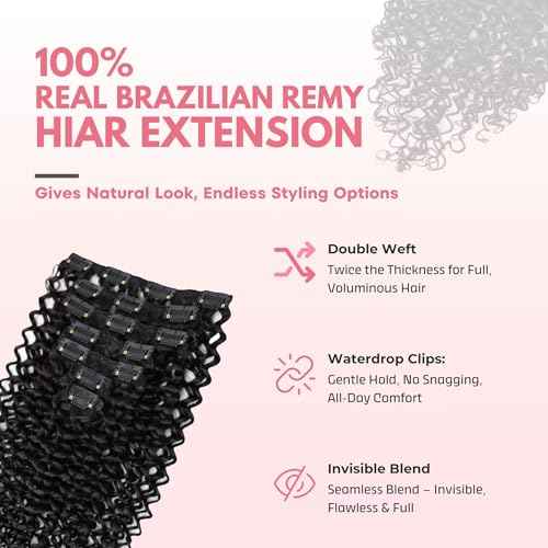 SIYUSI Kinky Curly Clip In Extensions, 3C 4A 100% Brazilian Remy Human Hair Clip Ins, Invisible & Scalp-Friendly, Natural Black Color, 3.52oz, 7Pcs (30 Inch)