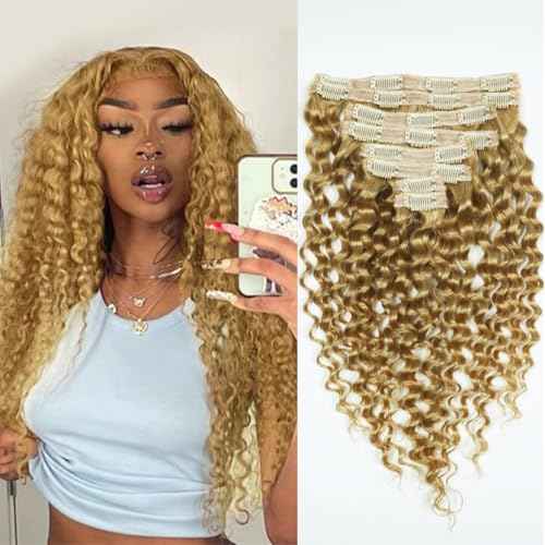 Curly Clip in Hair Extensions Real Human Hair 24inch 120g Invisible & Seamless 100% Brazilian Remy Human Extension Deep Wave Clip ins Extensions Double Weft 8 PCS with 20 Clips #27 Honey Blonde