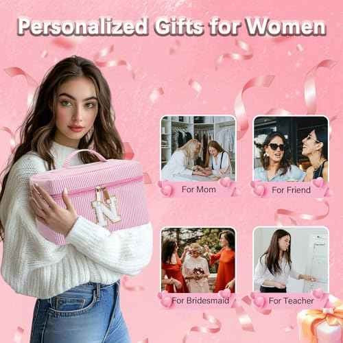 Personalized Monogram Makeup Bag, 3PCS Custom Monogrammed Toiletry Cosmetic Bag for 6-18 Teen Girls Women,Birthday Graduation Gifts Initial Pouch Makeup Bags for Women Girls, Make Up Bag (A, Pink)