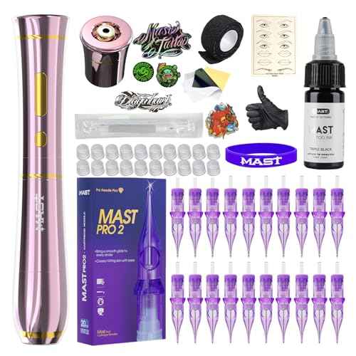 Mast Tattoo P40 Cordless Tattoo Gun Machine Kit - Rotary Tattoo Pen for Eyebrows/Lips/Eyeliner 20Pcs Cartridge Needles Lightweight Slim Body for Artists (Pink)