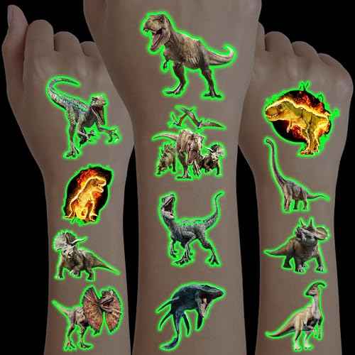 96PCS Dinosaur 3D Pre-Cut Temporary Tattoos - Stickers for Birthday Party Supplies, Decorations, and Favors - Super Cute Gifts for Kids, Boys & Girls, Classroom Prizes, and Themed (Glow in the Dark)