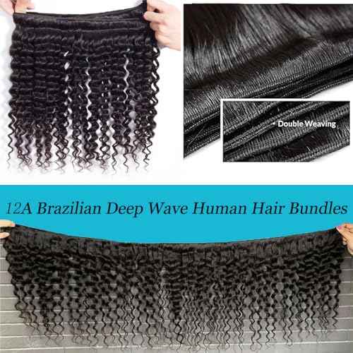 Great Grace 12A Deep Wave Human Hair Bundles 14 16 18 Inch Curly Bundles Human Hair 100% Unprocessed 3 Bundle Brazilian Virgin Human Hair Extensions Quick Weave Natural Black Color