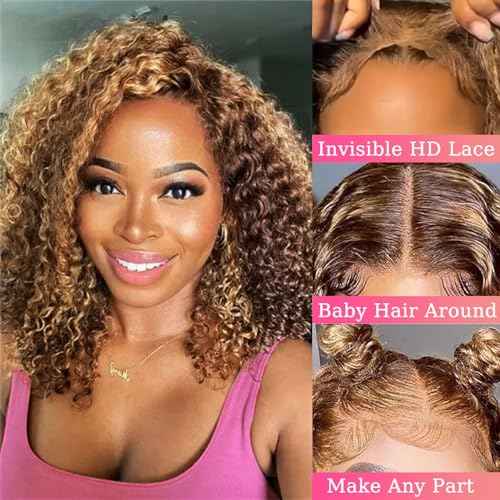 Bob Wig Human Hair Highlight Ombre 13x6 Frontal Lace Wig Deep Curly Virgin Human Hair Wig Pre Plucked HD Transparent Lace Frontal Wigs for Women 14 Inch