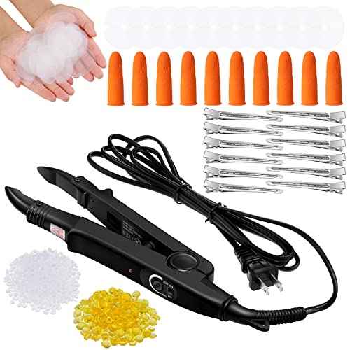 Keratin Hair Extension Kit: Heat Iron, Keratin Glue Granules, Protector Templates, Hair Clips, and Finger Protector(Black)