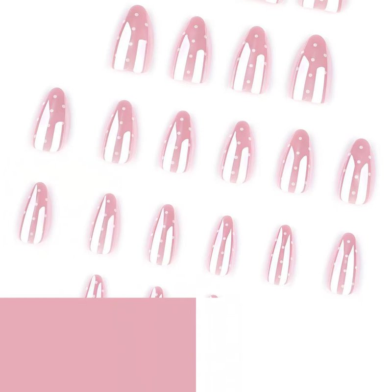 Nude Pink Electroplating Press on Nails Short Almond Fake Nails Aurora White Polka Dots False Nail Design Chrome Glossy Acrylic Nails for Women Girls DIY Manicure Decoration 24Pcs