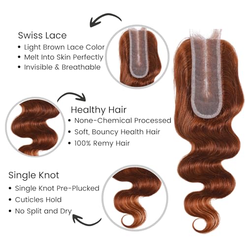 ALHER 33 Reddish Brown Body Wave Long Deep Part 2x6 Lace Closure, Copper Brown Colored 2x6 Kim K Closure Pre Plucked with Baby Hair, 12A 100% Brazilian Virgin Remy Human Hair for Black Women 14 Inch