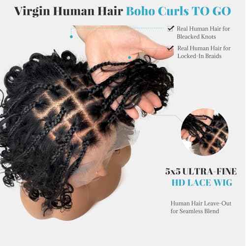 Bohemian Box Braided Bob Wigs Human Hair 5x5 HD Transparent Lace Closure 10 Inch 200% Density for Women Boho Knotless Box Braided Wigs with Baby Hair Lace Front Curly Bohemian Braids Bob Wig