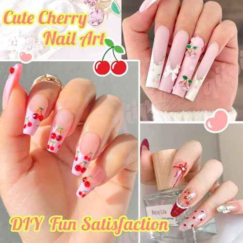 2 Sheets Cherry Nail Stickers +40 Pcs Cute Red & Pink Cherry Golden Alloy Charms + 2 Sizes Red Small Rhinestones Gems 3D Fruit Y2K Nail Art Decals DIY Design for Nails Face Eyes Makeup Crafts